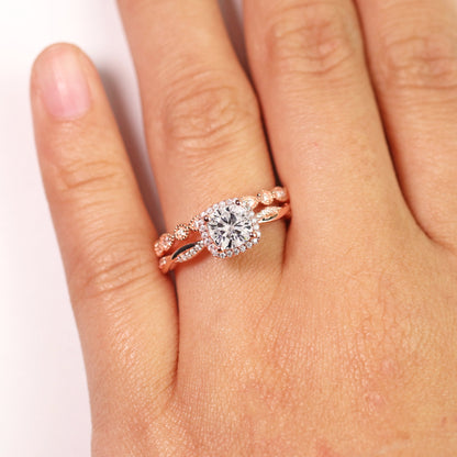 Art Deco Ring 1.75 Carat Cushion Cut Moissanite Wedding Set in 18K Rose Gold over Silver