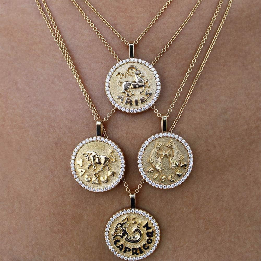 Constellation Necklace Pendant 14K Gold-Plated Hammered round Disc Engraved Zodiac Sign Pendant 16.9’’ Adjustable Dainty Necklace Mothers Gifts for Her