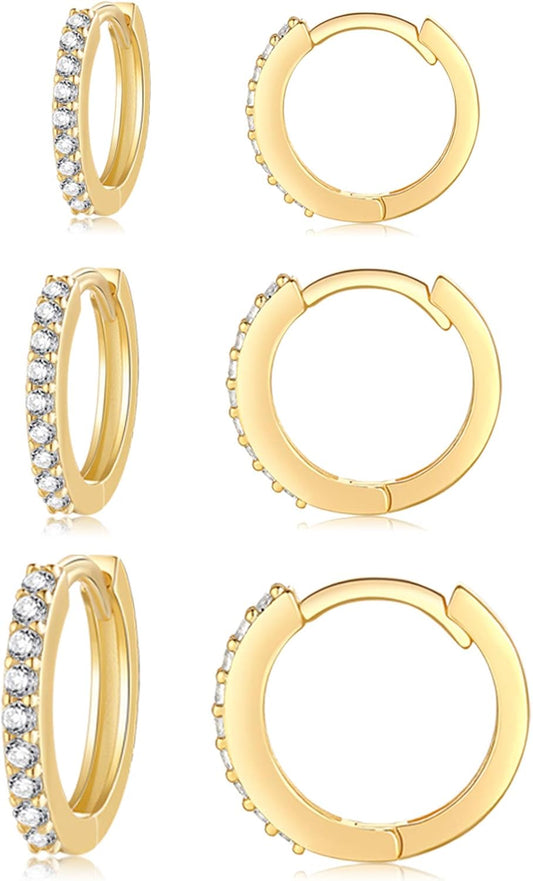 Silver Hoop Earrings for Women, 3 Pairs Small Sterling Silver Huggie Earrings | Tiny Cubic Zirconia Cartilage Cuff Earrings Hoop Piercing Jewellery for Men Teens (8Mm/10Mm/12Mm)