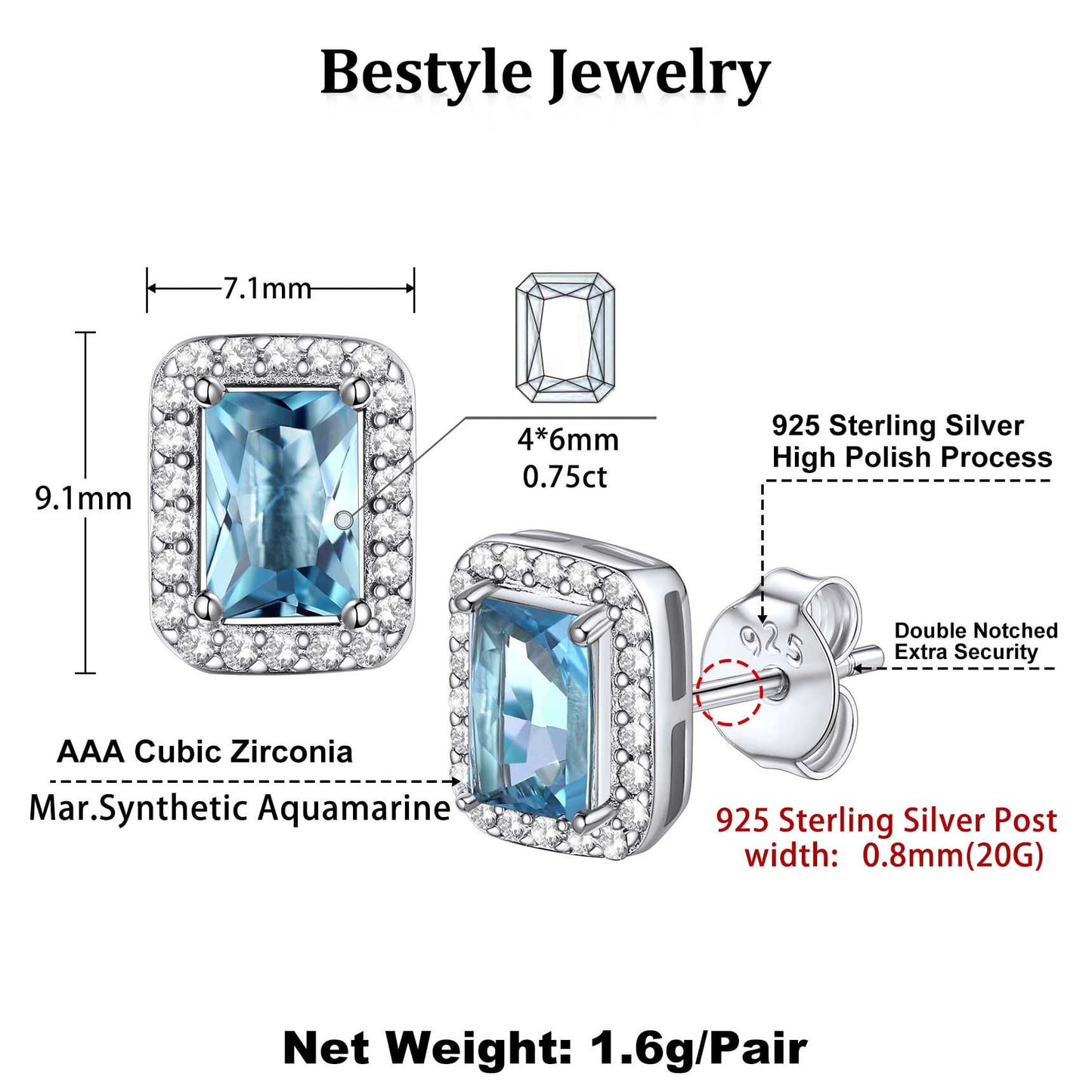 Square Diamond Stud Earrings March Aquamarine Birthstone Earrings, Sterling Silver Earrings Birthday Jewelry Gift for Women