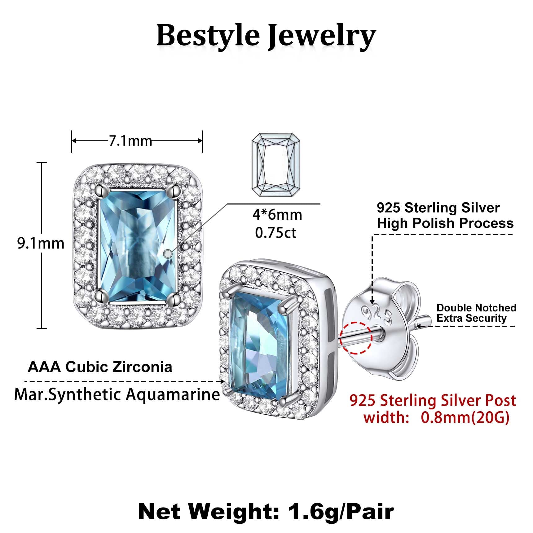 Square Diamond Stud Earrings March Aquamarine Birthstone Earrings, Sterling Silver Earrings Birthday Jewelry Gift for Women