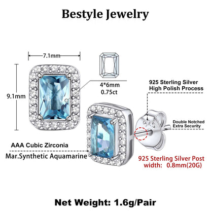 Square Diamond Stud Earrings March Aquamarine Birthstone Earrings, Sterling Silver Earrings Birthday Jewelry Gift for Women