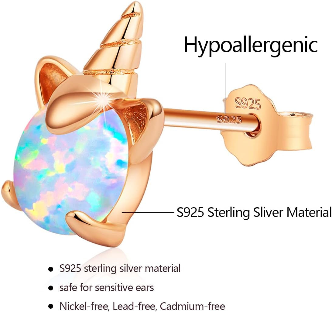 Unicorn Earrings for Girls, Hypoallergenic Fire Opal Stud Earrings  S925 Sterling Silver with Gold Mini Tiny Cute Earring Jewelry Gifts for Kids Women