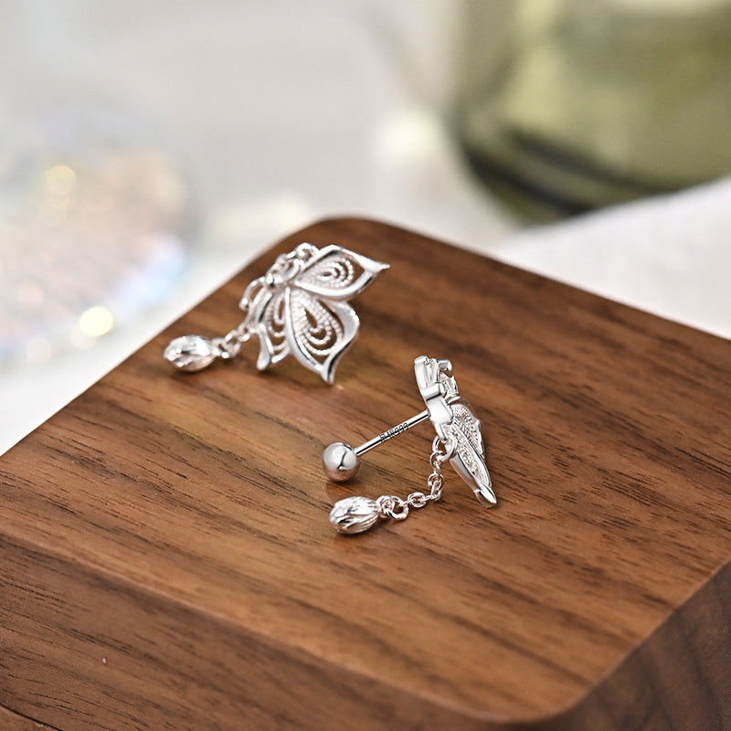 Women'S S999 Silver Sweet Tassel New Butterfly Earrings