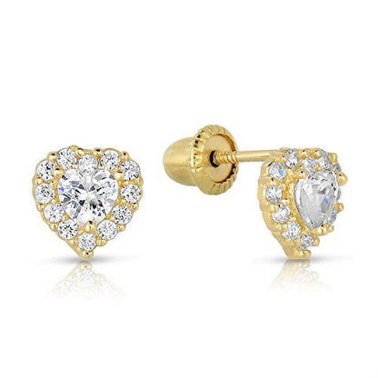 14K Yellow Gold Tiny Heart Halo Stud Post Earrings with Cubic Zirconia CZ Birthstone | Secure Screw-Backs | April | Women & Unisex