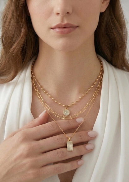 Gold Layered Necklace Set, Triple Layer Charm Necklace with Detangler Clasp, Pave Crystal 3 Strand Necklace, Gift for Her