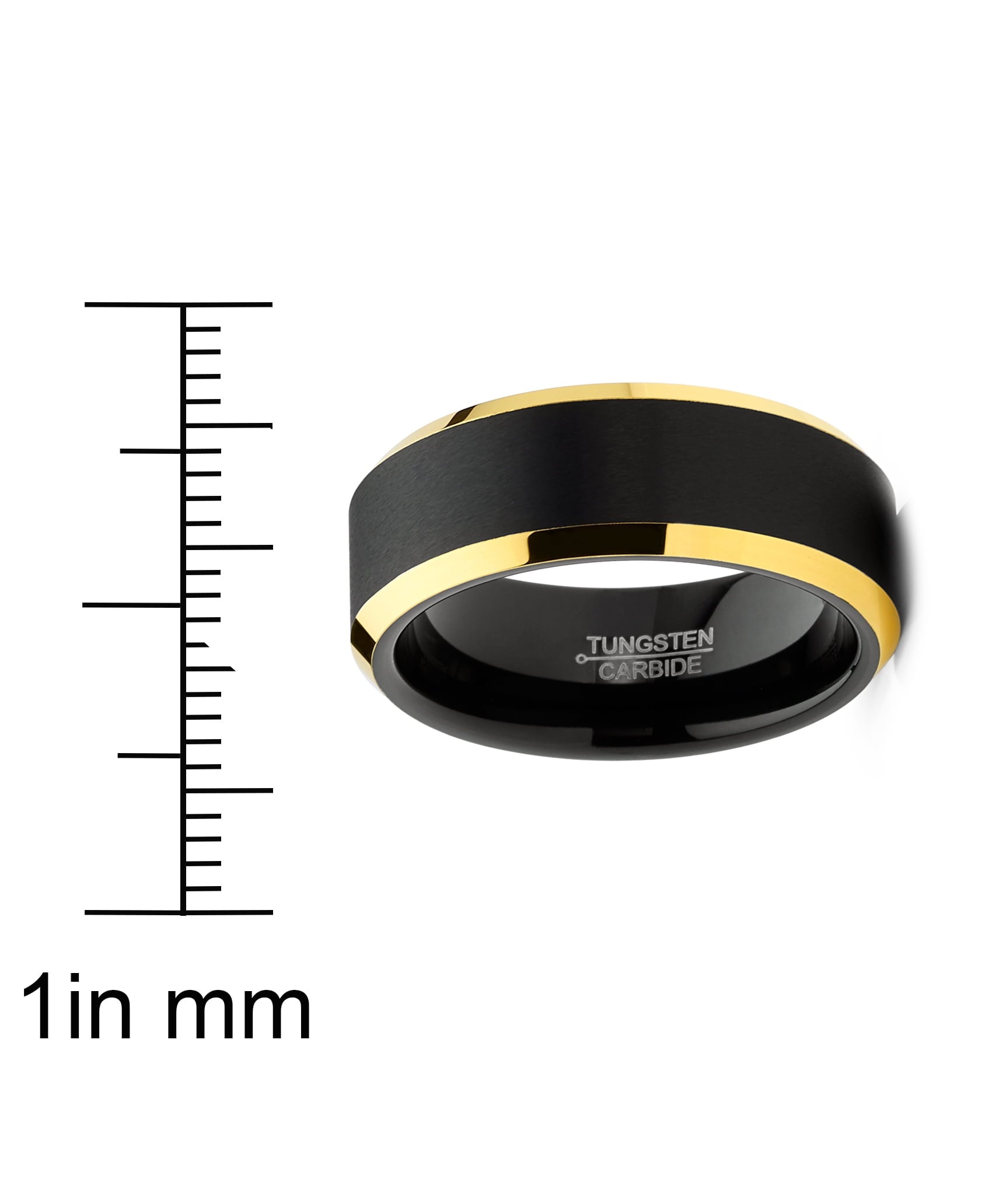 Mens Tungsten Ring Black Goldtone Wedding Band Beveled Edges Comfort-Fit 8Mm 9