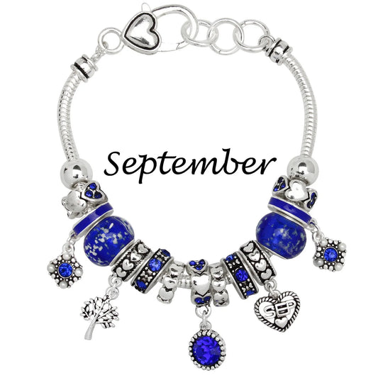 Birthstone Bracelet Multi-Color Charm Beads Silvertone