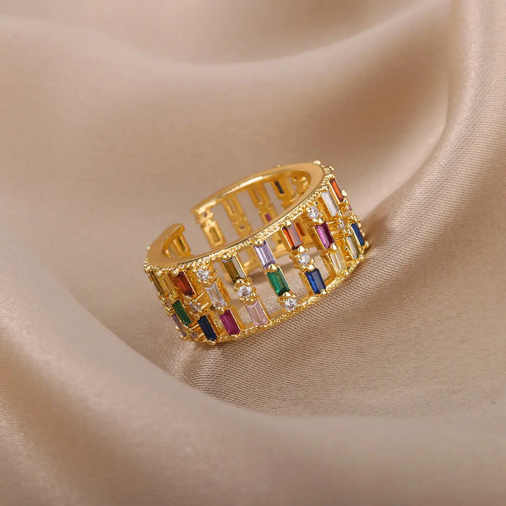 Rainbow Zircon Rings for Women Stainless Steel Gold Color Geometric Adjustable Ring Wedding Aesthetic Jewelry Gift Bijoux Femme