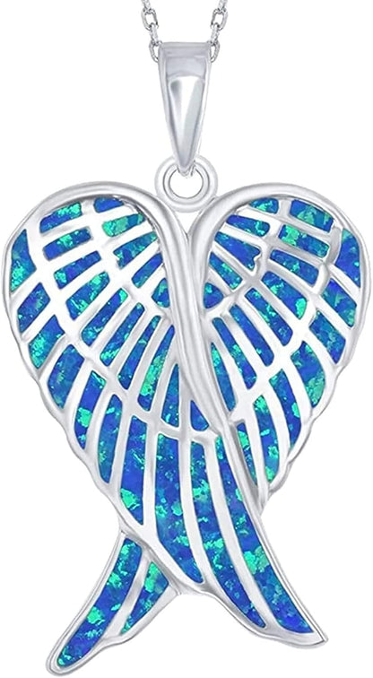 Sterling Silver Angel Wing Heart Necklace - Simulated White, Pink or Blue Opal - Meaningful Guardian Angel Gift for Women