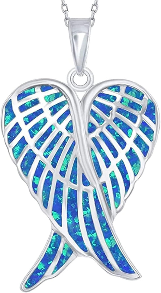 Sterling Silver Angel Wing Heart Necklace - Simulated White, Pink or Blue Opal - Meaningful Guardian Angel Gift for Women