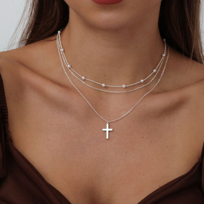 Layered Cross Necklace for Women Dainty Classic Fashionable Pearl Cross Pendant Layered Necklace Weddings Graduations Days Travel Gifts