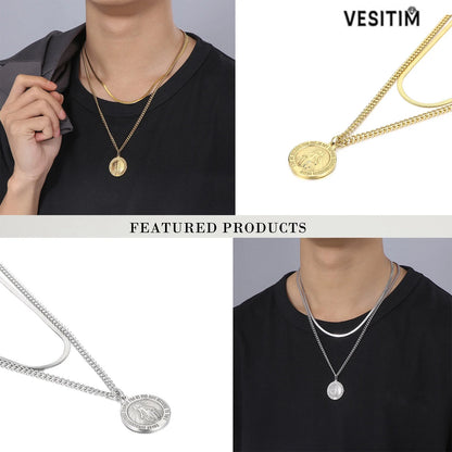 Virgin Mary Vintage Commemorative Coin Double Layered Necklace | Stainless Steels Pendant Necklace Jewelry Gift for Men Women