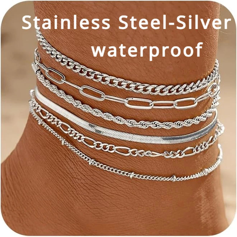 6PCS 14K Gold Plated Ankle Bracelets for Women, Stainless Steel Waterproof Herringbone Paperclip Bead Figaro Cuban Chain Anklets