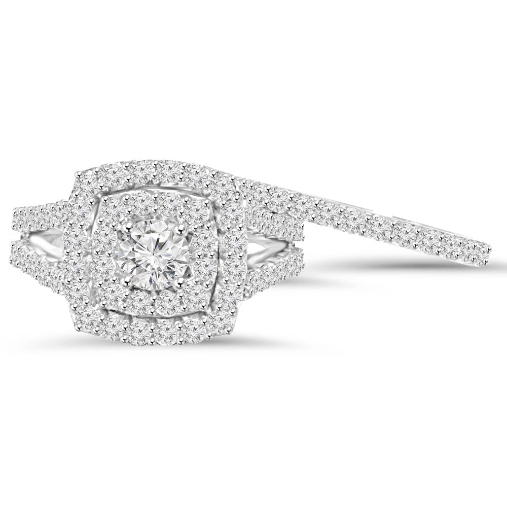 Pompeii 2 Cttw Diamond Cushion Double Halo Engagement Wedding Ring Set 10K White Gold