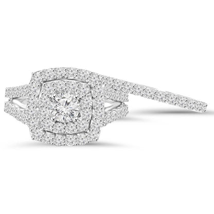 Pompeii 2 Cttw Diamond Cushion Double Halo Engagement Wedding Ring Set 10K White Gold