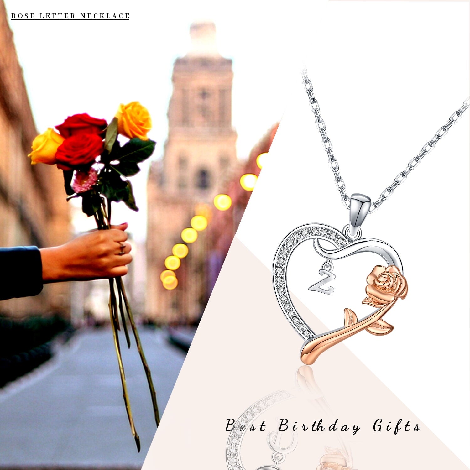 Initial Letter Necklace 925 Sterling Silver Love Heart Letters with Rose Flower Pendant Necklace Jewelry Gifts for Women