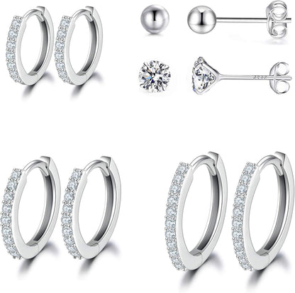 Silver Hoop Earrings for Women, 925 Sterling Silver Huggie Hinged Earrings with AAA Cubic Zirconia, Diameter 13Mm Hypoallergenic Small Sleeper Hoop, 8/10/12/13MM