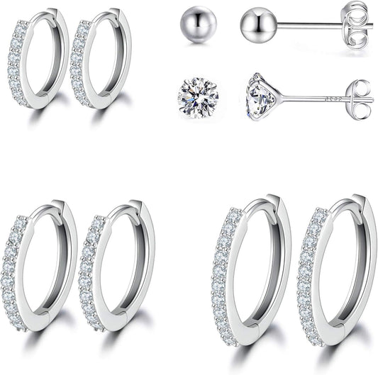 Silver Hoop Earrings for Women, 925 Sterling Silver Huggie Hinged Earrings with AAA Cubic Zirconia, Diameter 13Mm Hypoallergenic Small Sleeper Hoop, 8/10/12/13MM