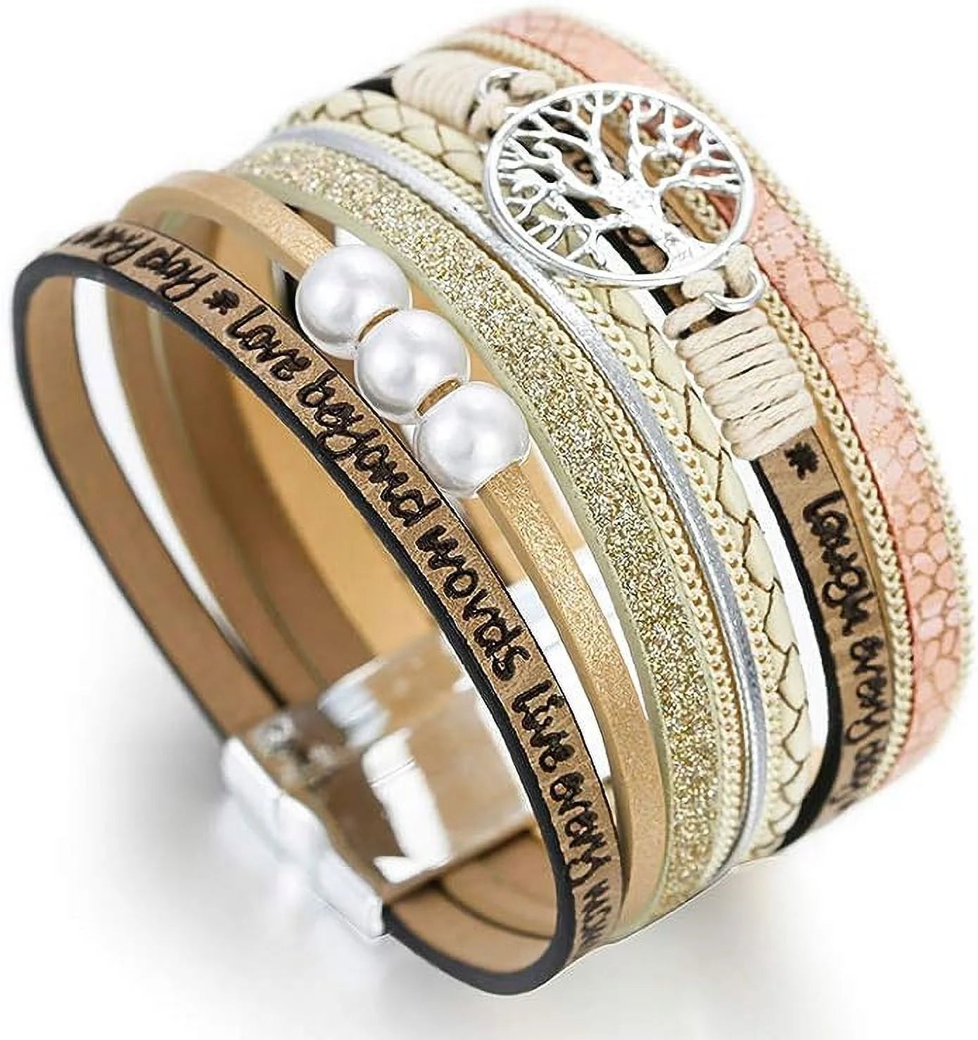 Tree of Life Leather Bracelets for Women.Colorful Multi-Layer Wrapped Wristband Bracelets for Women,Birthday Easter Basket Stuffers Jewelry Gifts for Teens Girls (Beige)