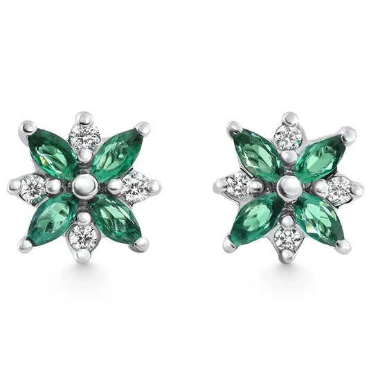 Pompeii .60Ct Petal Green Emerald Diamond Earrings 14K White Gold Lab Grown Screw Back
