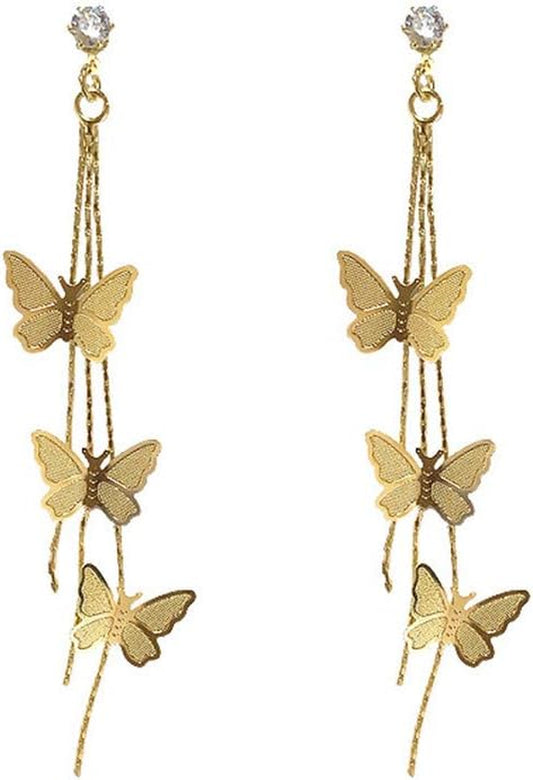 18K Gold Plated Dainty Vivid Butterfly Tassel Earrings Silver Post CZ 3D Butterfly Drop Dangle Earrings Fairy Earrings for Women Girls