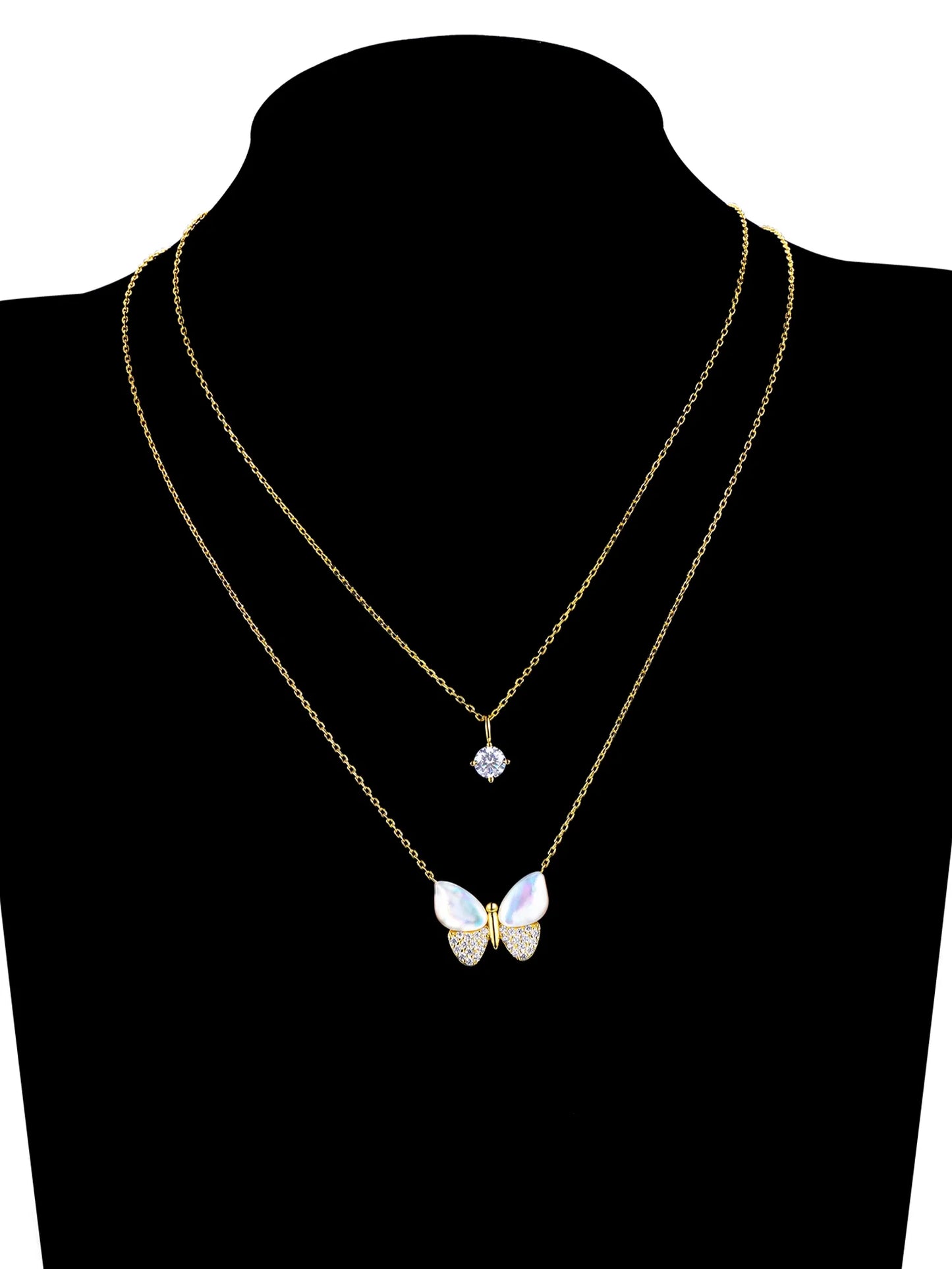 Mother of Pearl & Cubic Zirconia Butterfly Necklaces in 14KT Gold Flash Plated