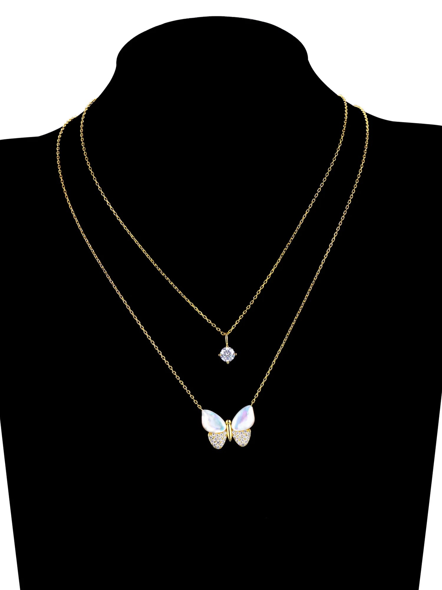 Mother of Pearl & Cubic Zirconia Butterfly Necklaces in 14KT Gold Flash Plated