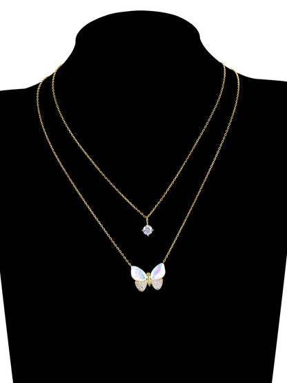 Mother of Pearl & Cubic Zirconia Butterfly Necklaces in 14KT Gold Flash Plated
