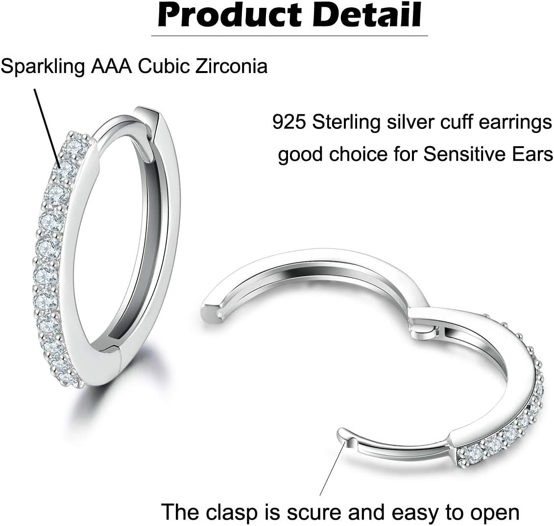 Silver Hoop Earrings for Women, 925 Sterling Silver Huggie Hinged Earrings with AAA Cubic Zirconia, Diameter 13Mm Hypoallergenic Small Sleeper Hoop, 8/10/12/13MM
