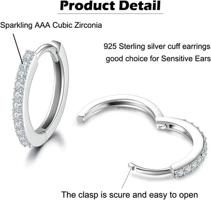 Silver Hoop Earrings for Women, 925 Sterling Silver Huggie Hinged Earrings with AAA Cubic Zirconia, Diameter 13Mm Hypoallergenic Small Sleeper Hoop, 8/10/12/13MM