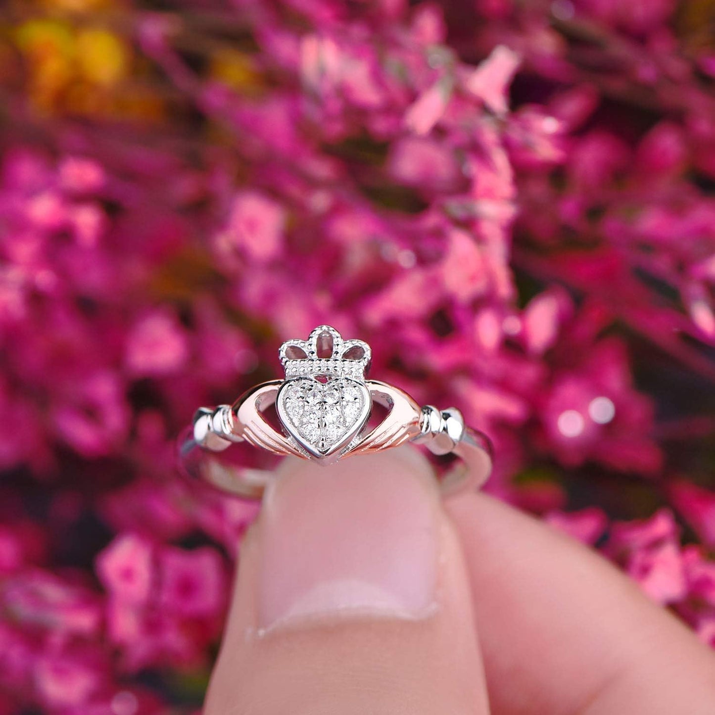 925 Sterling Silver Cubic Zirconia Rose Gold Claddagh Heart Promise Rings for Her,Birthstone Rings for Women