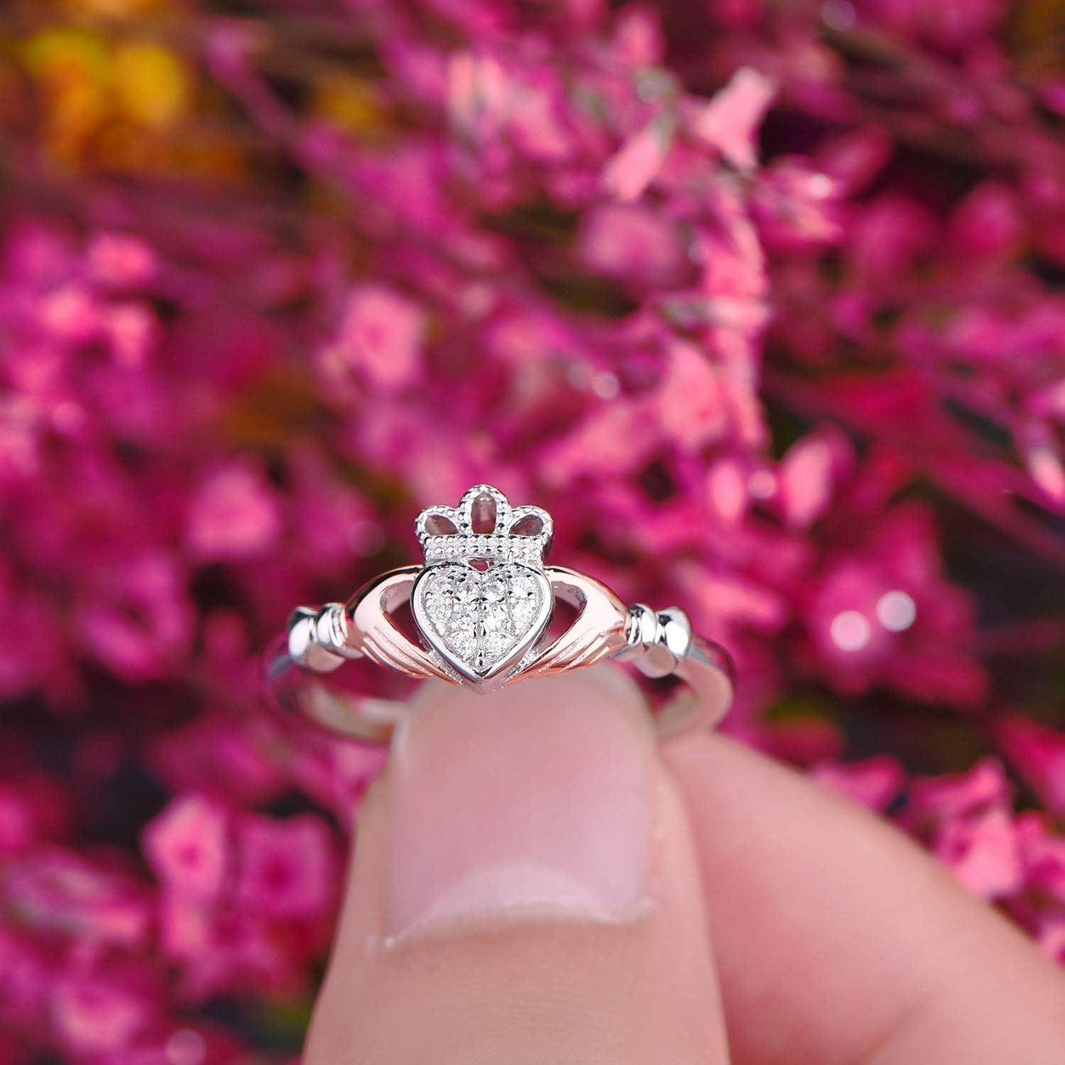 925 Sterling Silver Cubic Zirconia Rose Gold Claddagh Heart Promise Rings for Her,Birthstone Rings for Women