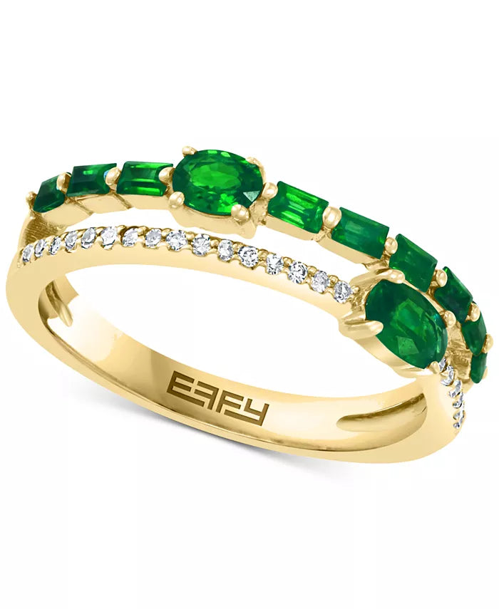 EFFYÂ® Emerald (3/4 Ct. T.W.) & Diamond (1/10 Ct. T.W.) Stack Look Double Row Ring in 14K Gold
