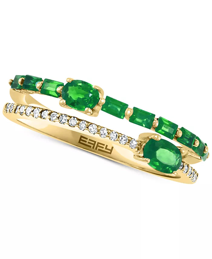 EFFYÂ® Emerald (3/4 Ct. T.W.) & Diamond (1/10 Ct. T.W.) Stack Look Double Row Ring in 14K Gold