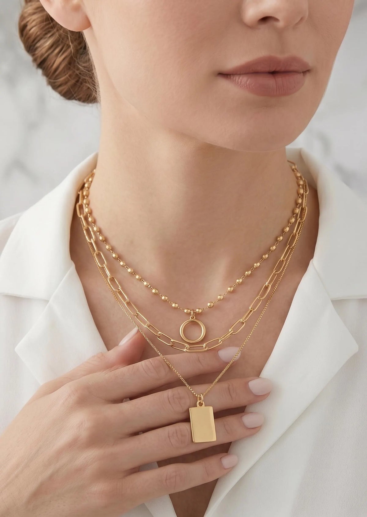Gold Layered Necklace Set, Triple Layer Charm Necklace with Detangler Clasp, Pave Crystal 3 Strand Necklace, Gift for Her