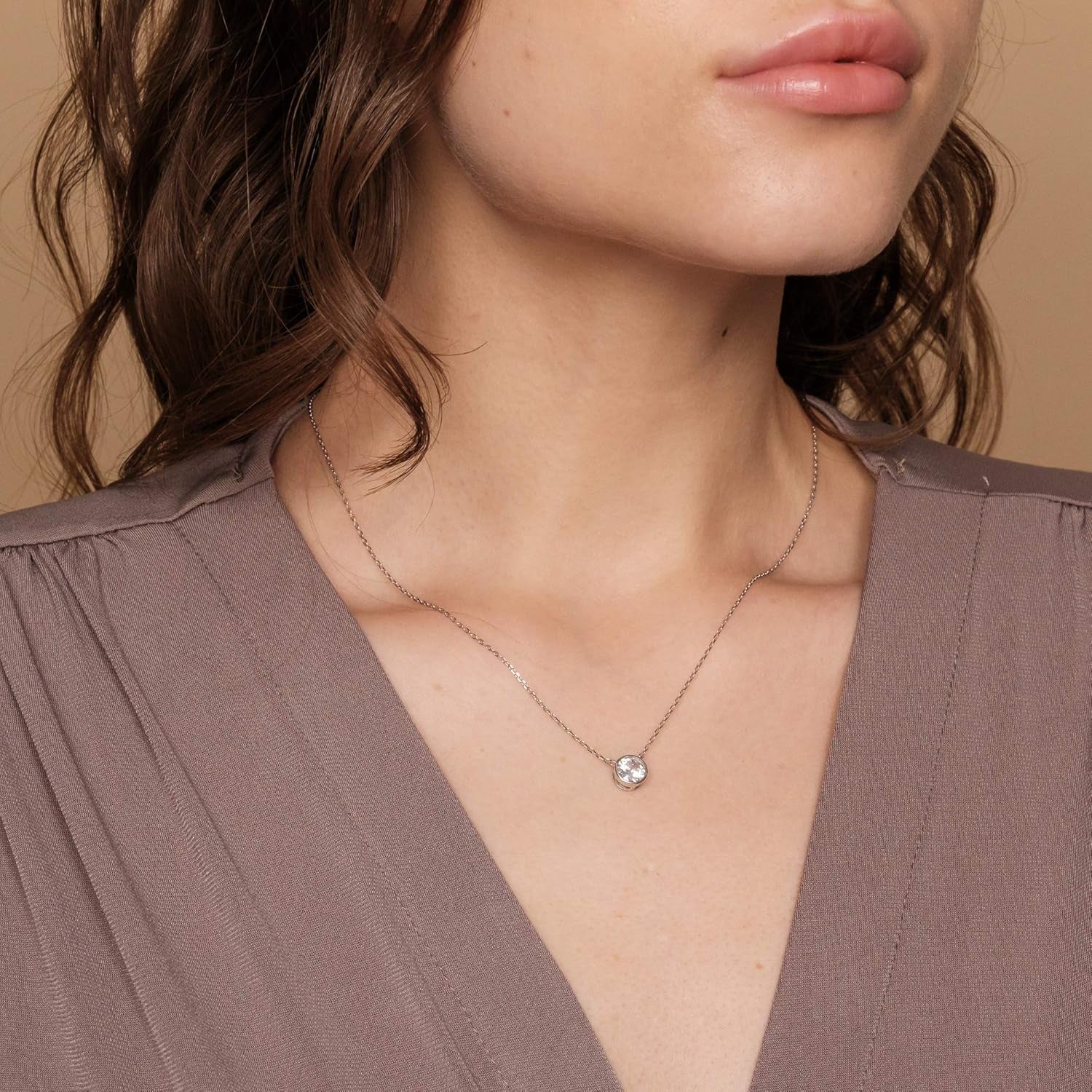 14K Gold Plated Circle CZ Solitaire Necklace | Elegant Bezel Pendant | Dainty Cubic Zirconia Halo Choker Necklaces for Women
