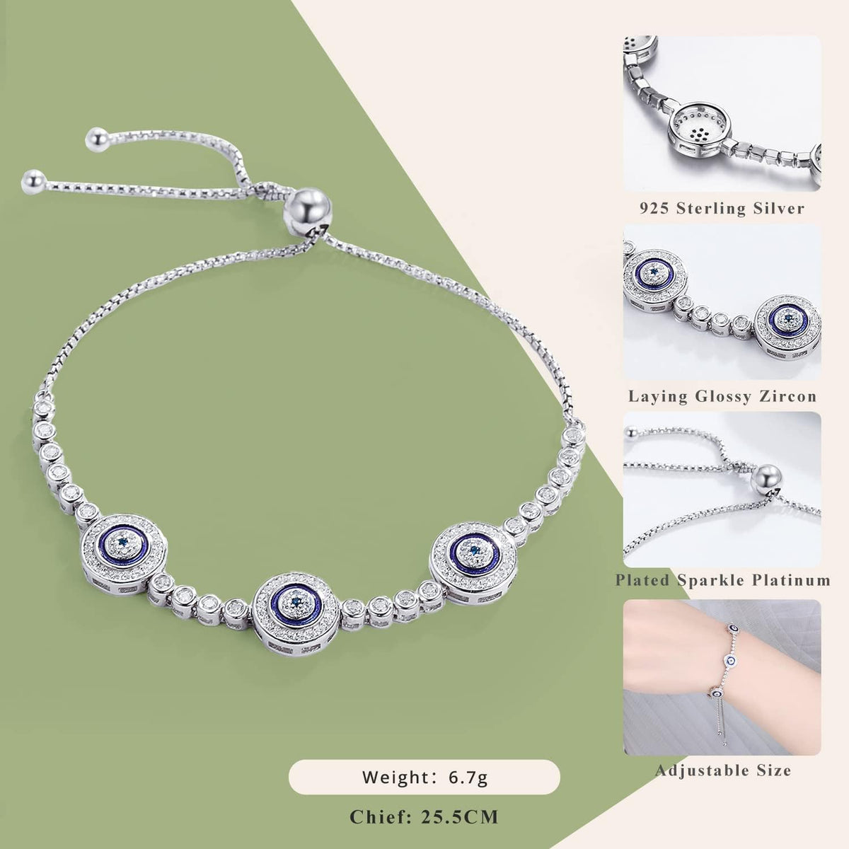 Women Evil Eye Protection Bracelets 925 Sterling Silver White Gold Plated Adjustable Bracelets