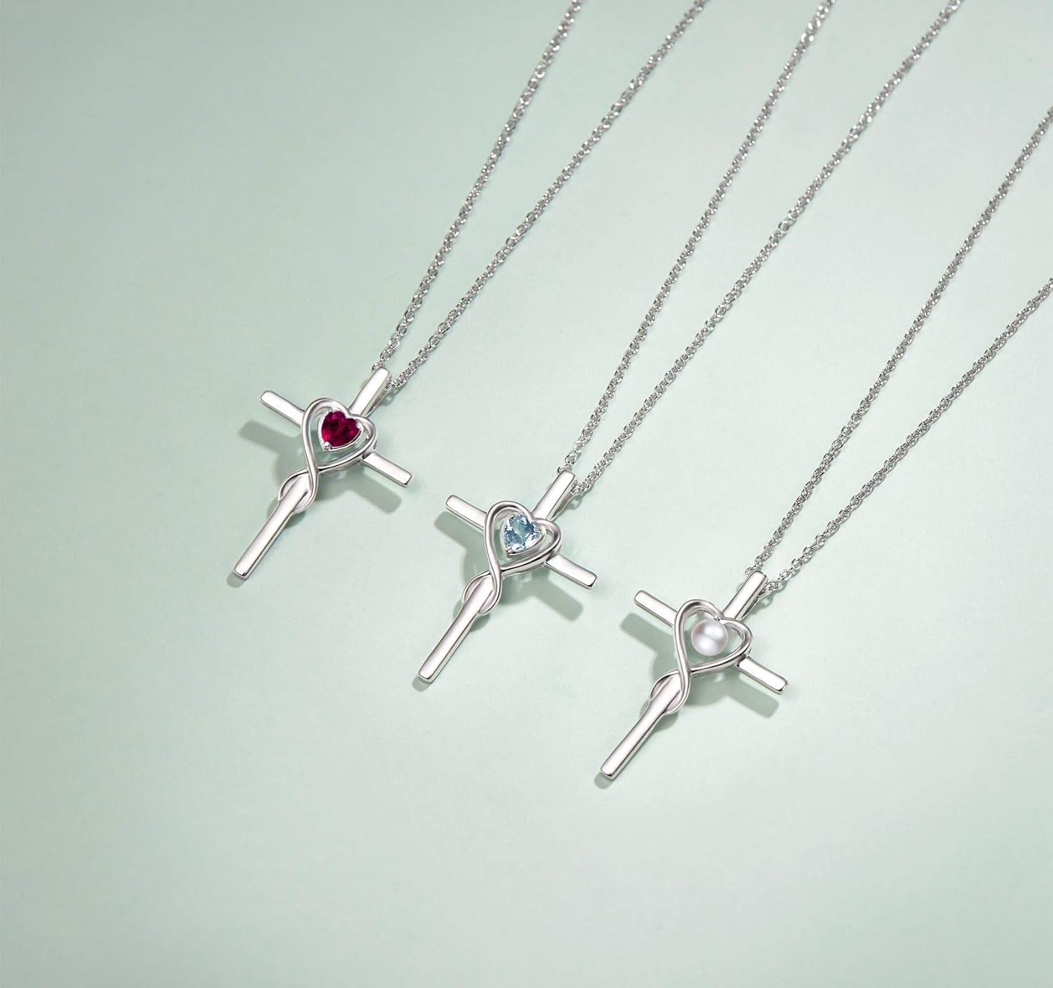 Birthstone Cross Necklace for Women Birthstone Necklace Heart Infinity Cross Pendant Necklace Fine Jewelry Christmas Birthday Holiday Gifts for Her, 16"+2" Inches