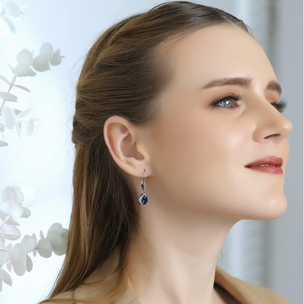 Sterling Silver Genuine, Created or Simulated Gemstone Leverback Teardrop Dangle Earrings for Women Bridesmaids