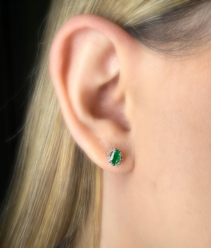 Marquise Emerald and Diamond Halo Earrings in 14K White Gold