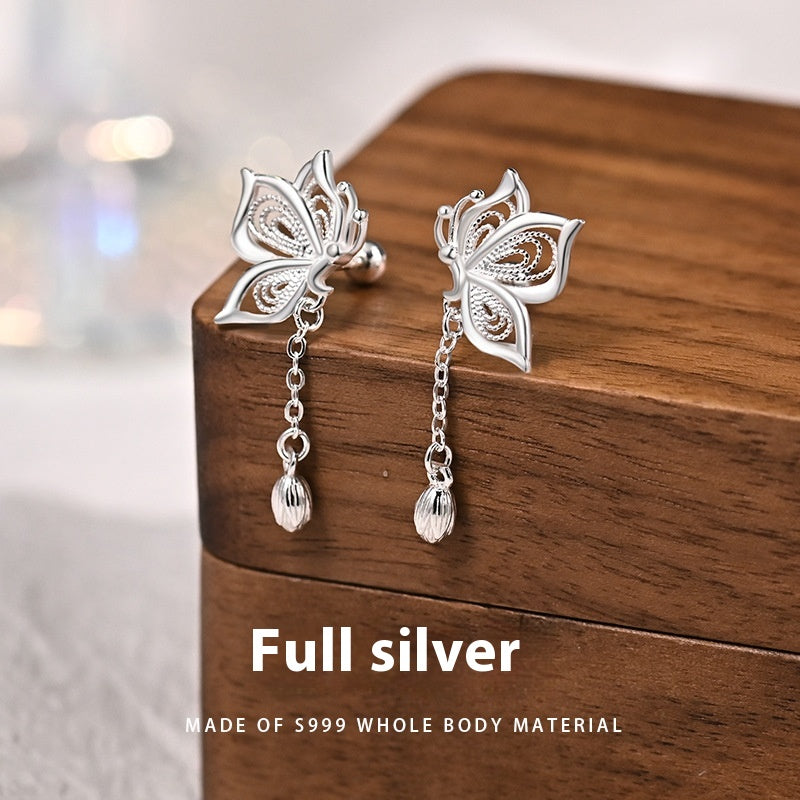 Women'S S999 Silver Sweet Tassel New Butterfly Earrings