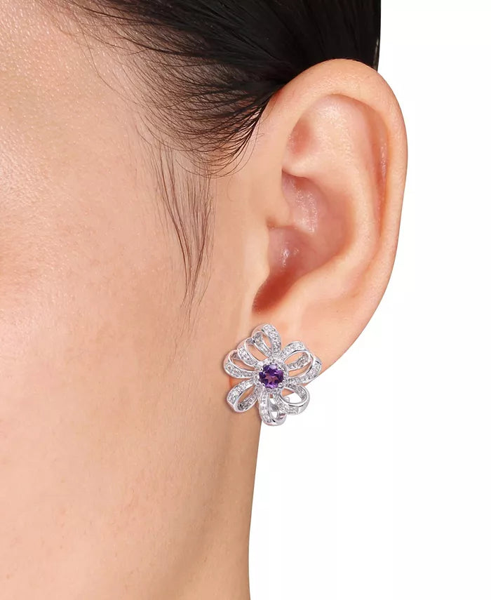 Amethyst (7/8 Ct. T.W.) and White Topaz (3/4 Ct. T.W.) Floral Earrings in Sterling Silver