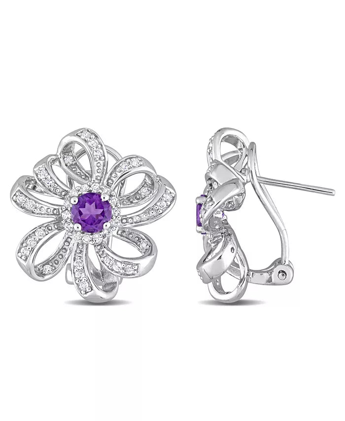 Amethyst (7/8 Ct. T.W.) and White Topaz (3/4 Ct. T.W.) Floral Earrings in Sterling Silver