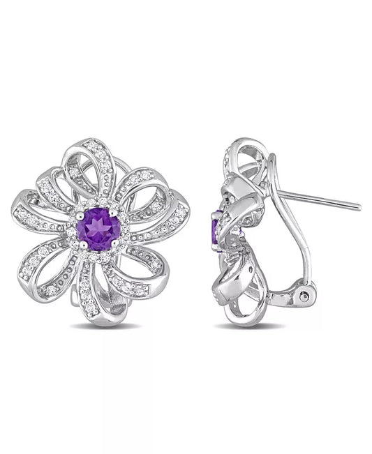 Amethyst (7/8 Ct. T.W.) and White Topaz (3/4 Ct. T.W.) Floral Earrings in Sterling Silver