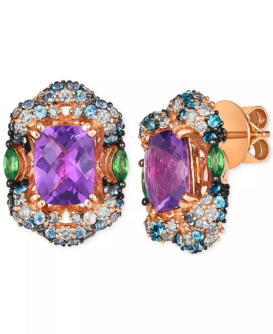 Multi-Gemstone (4-1/2 Ct. T.W.) & Nude Diamond (7/8 Ct. T.W.) Halo Cluster Statement Stud Earrings in 14K Rose Gold