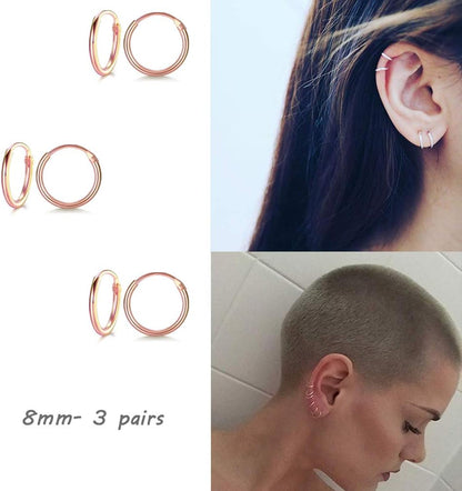 Sterling Silver Hoop Earrings for Women Men, Hypoallergenic Cartilage Earring Endless Small Hoop Earrings Set, 3 Pairs Tragus Earrings (8Mm/10Mm/12Mm)