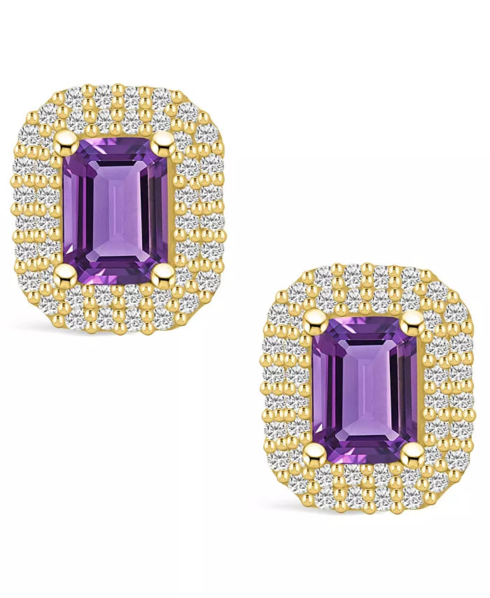 Amethyst (2 Ct. T.W.) and Diamond (3/4 Ct. T.W.) Halo Stud Earrings in 14K Yellow Gold