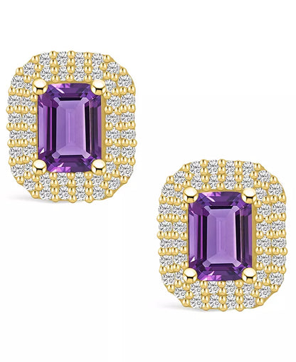 Amethyst (2 Ct. T.W.) and Diamond (3/4 Ct. T.W.) Halo Stud Earrings in 14K Yellow Gold