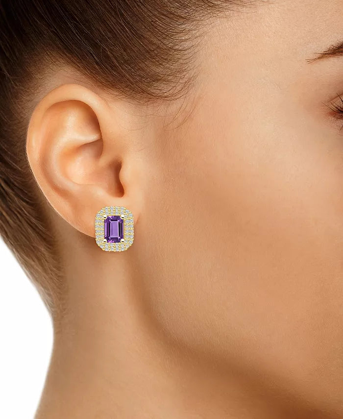 Amethyst (2 Ct. T.W.) and Diamond (3/4 Ct. T.W.) Halo Stud Earrings in 14K Yellow Gold